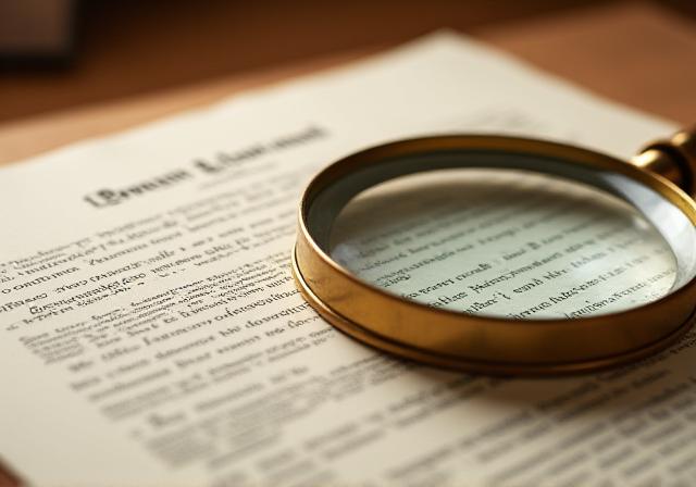 A magnifying glass hovering over a contract document highlighting small text