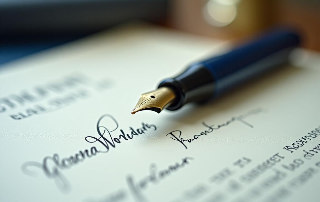 A legal professional reviewing a signed document with a quill pen