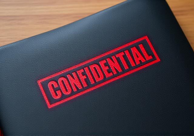 Close up of a confidentiality stamp on a confidential folder