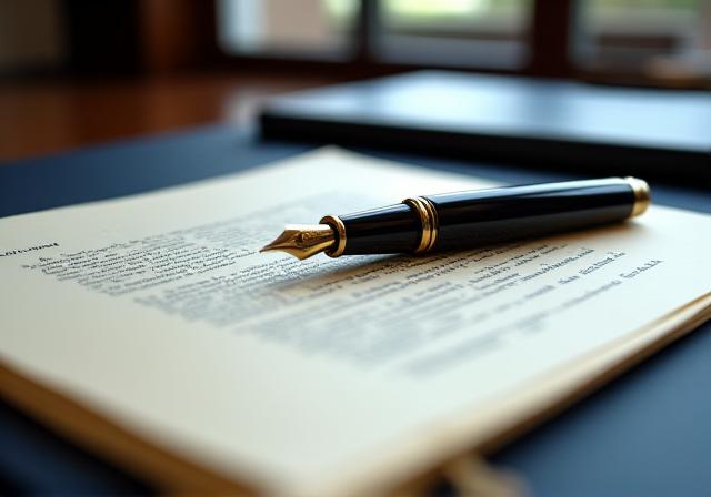 Close up of a premium fountain pen resting on a detailed legal contract in a London law office