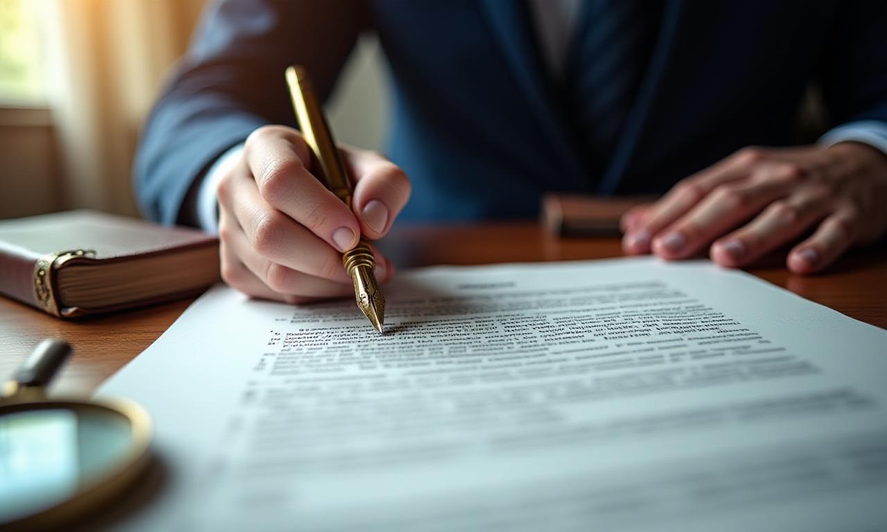 A legal professional carefully reviewing a complex contract with a fountain pen and magnifying glass in a London office.
