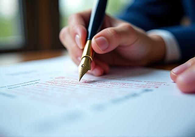 Close-up of a legal professional reviewing a contract with a fountain pen